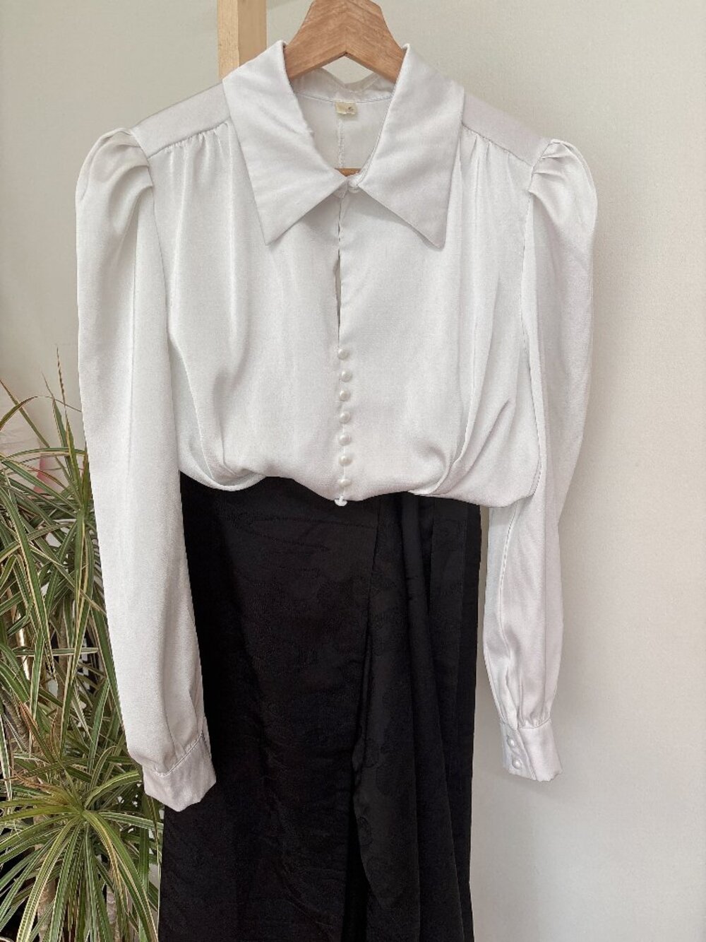 Satin Draped Tie-Back Top -Classic White Button-Front Puff Sleeve Blouse